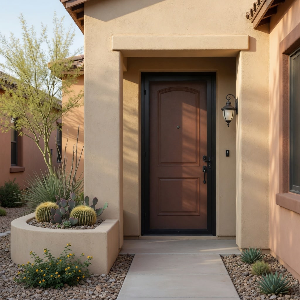 Shaded Arizona home entry with a clean screen door